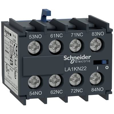 'Schneider Electric' Relaisbaustein, Modell LA1KN22, mit acht beschrifteten Anschlussklemmen, zwei Schaltstellungen und blauem Hebel.