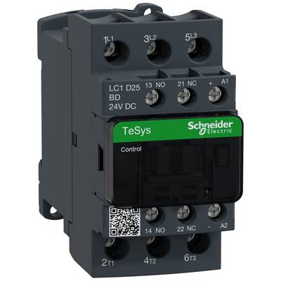 Ein schwarzer elektrischer Schütz mit grüner Beschriftung 'TeSys Control' von Schneider Electric. Ober- und unterseitig Anschlussklemmen.