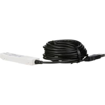 Weißes USB-Gerät, das an einem aufgerollten schwarzen Kabel angebracht ist, mit einem USB-A-Stecker an einem Ende und einem kleineren Anschluss am anderen Ende.