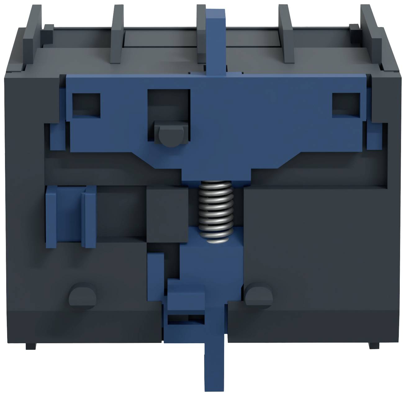 Ein schwarzes und blaues mechanisches Gerät mit einer Metallfeder in der Mitte. Es scheint ein technisches Bauteil zu sein.