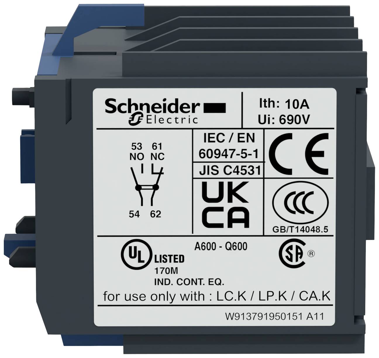 'Elektrobauteil von Schneider Electric, Typenschilder mit technischen Spezifikationen wie 10A, 690V, IEC/EN Normen und UL-Kennzeichnung.'