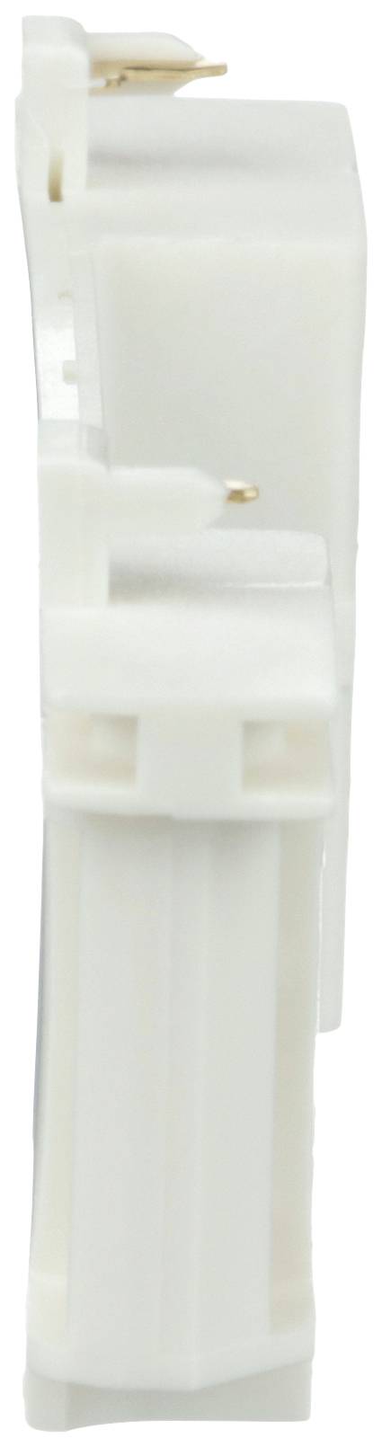 Eine weiße Schalterkomponente in seitlicher Ansicht, die elektrische Kontakte hat.