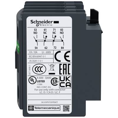 Ein Schütz von Schneider Electric mit CE-, EAC- und UKCA-Zertifizierungen. Zeigt elektrische Spezifikationen und Schaltplandiagramm.