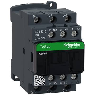 Schwarzer Leistungsschütz von Schneider Electric mit grüner Beschriftung 'TeSys' und 'Control', Anschlüsse oben und unten sichtbar.