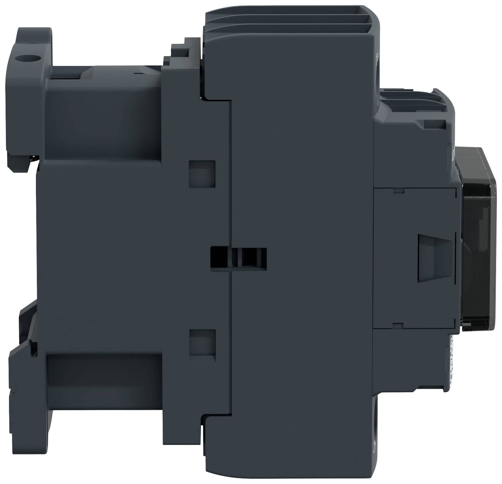 Ein schwarzes elektrisches Schaltgerät, Seitenansicht, zeigt Anschlussdetails und Gehäuse. Geeignet für industrielle Anwendungen.