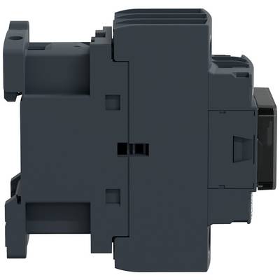 Ein schwarzes elektrisches Schaltgerät, Seitenansicht, zeigt Anschlussdetails und Gehäuse. Geeignet für industrielle Anwendungen.