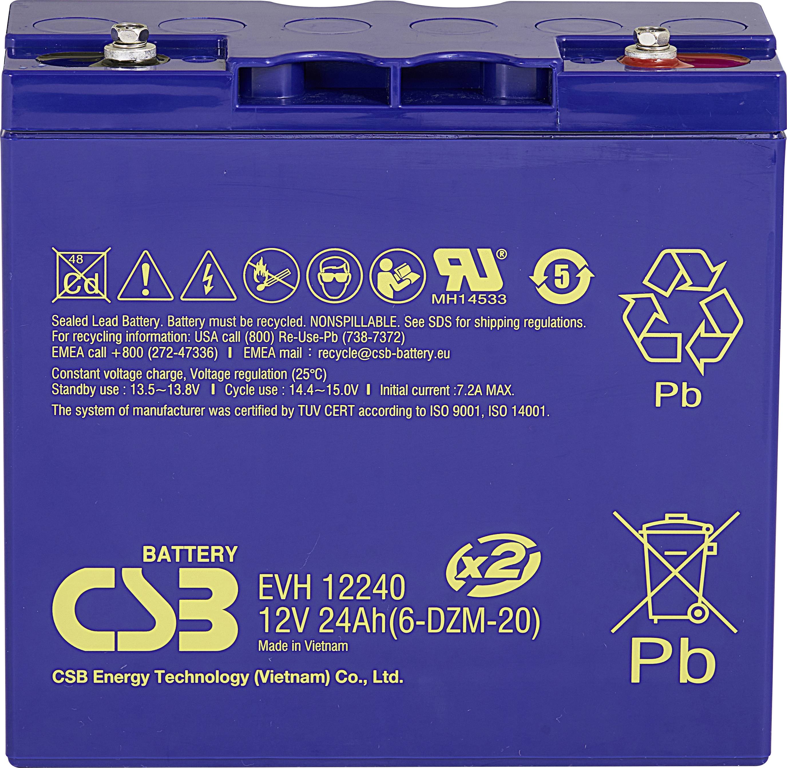 CSB EVH12240 EVH-Series VRLA Battery 12V 24Ah AGM Cycle Use M5 Con...