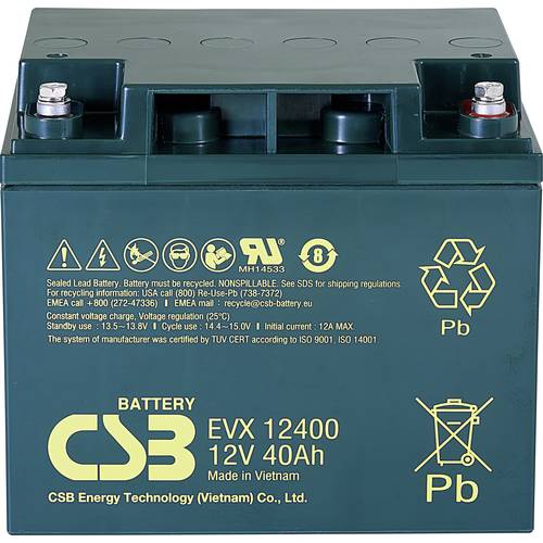 Thumbnail - CSB Battery EVX 12400 EVX12400-I1 Bleiakku 12 V 40 Ah Blei-Vlies (AGM) (B x H x T) 197 x 170 x 165 mm M5-Schraubanschlus...