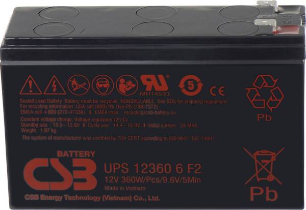 CSB Battery UPS 123606 high-rate UPS123606F1F2 Bleiakku 12 V 7 Ah Blei-Vlies (AGM) (B x H x T) 151 x 99 x 51 mm Flachstecker 6.35 mm Wartungsfrei, Geringe Selbstentladung