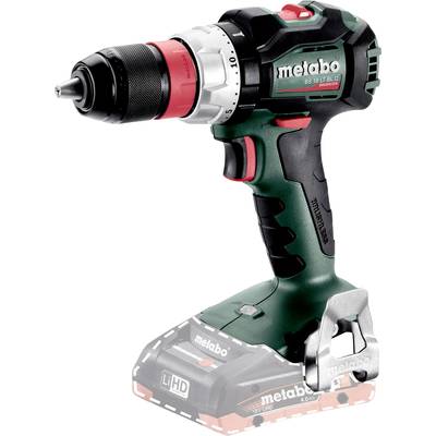 Ein kabelloser Bohrschrauber mit Metabo-Logo, grün-schwarz-rot, mit Akku an der Unterseite, geeignet für Heimwerkerarbeiten.