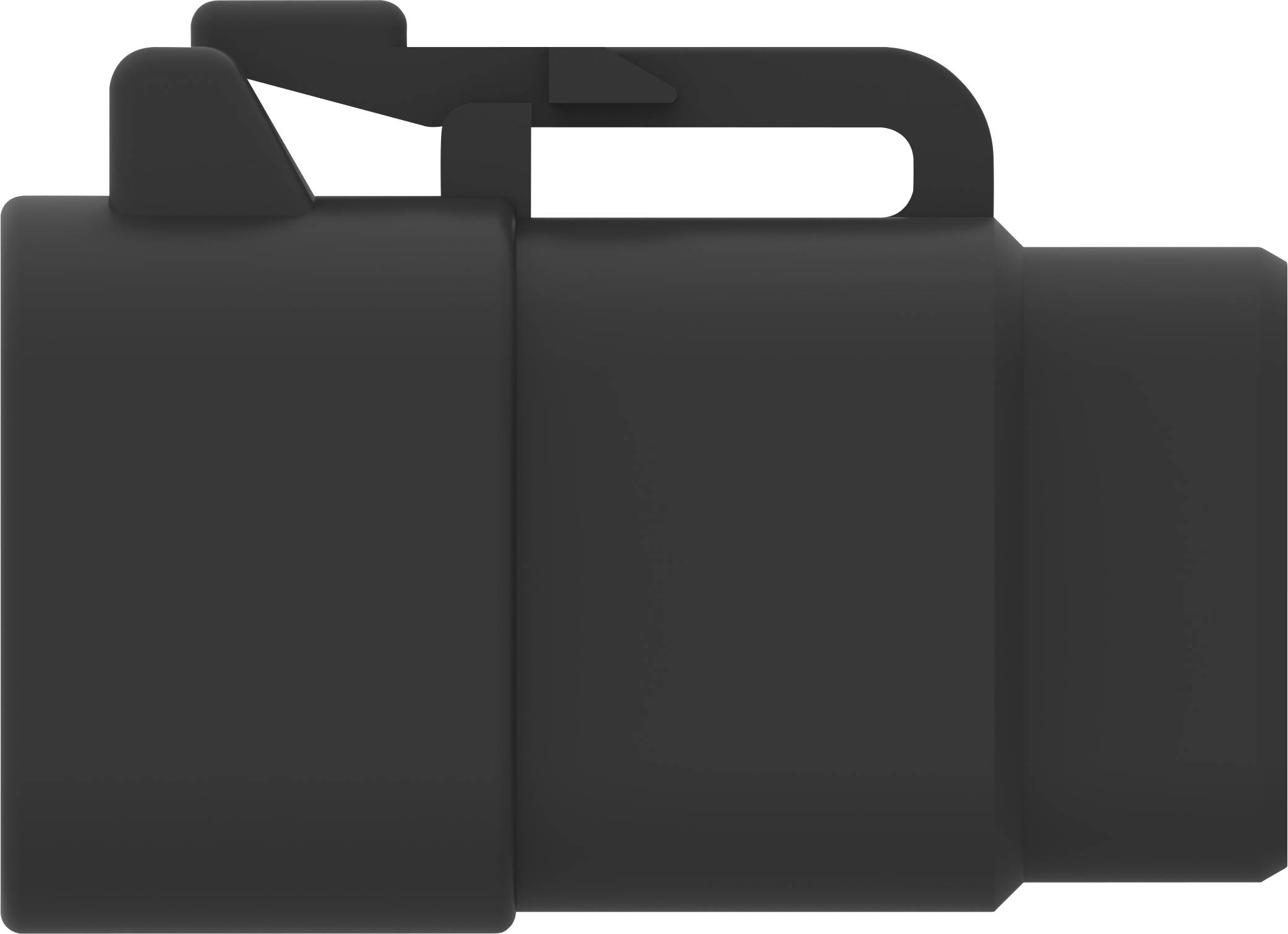 Ein schwarzes mechanisches Bauteil mit rechteckiger Form, Stützstruktur oben und abgerundeter Vorderseite, isoliert auf weißem Hintergrund.