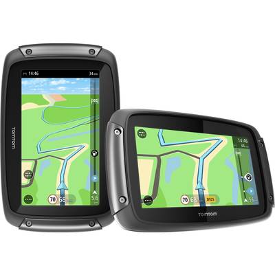 Zwei GPS-Geräte mit digitaler Karte, die eine kurvige Route anzeigen. Geschwindigkeit 70, Entfernung 5,6 km, Umgebungsstraßen sichtbar.