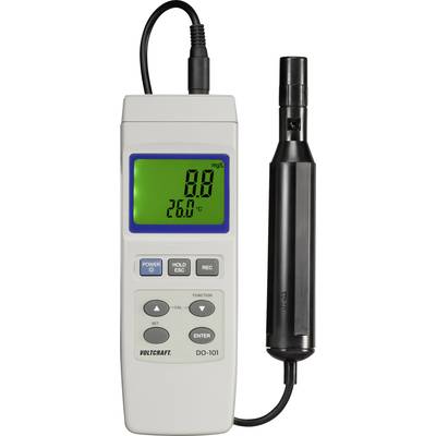 Tragbares Messgerät mit digitaler Anzeige, zeigt Sauerstoffkonzentration (9,0 mg/l) und Temperatur (26,0 °C), schwarzer Sensor rechts.