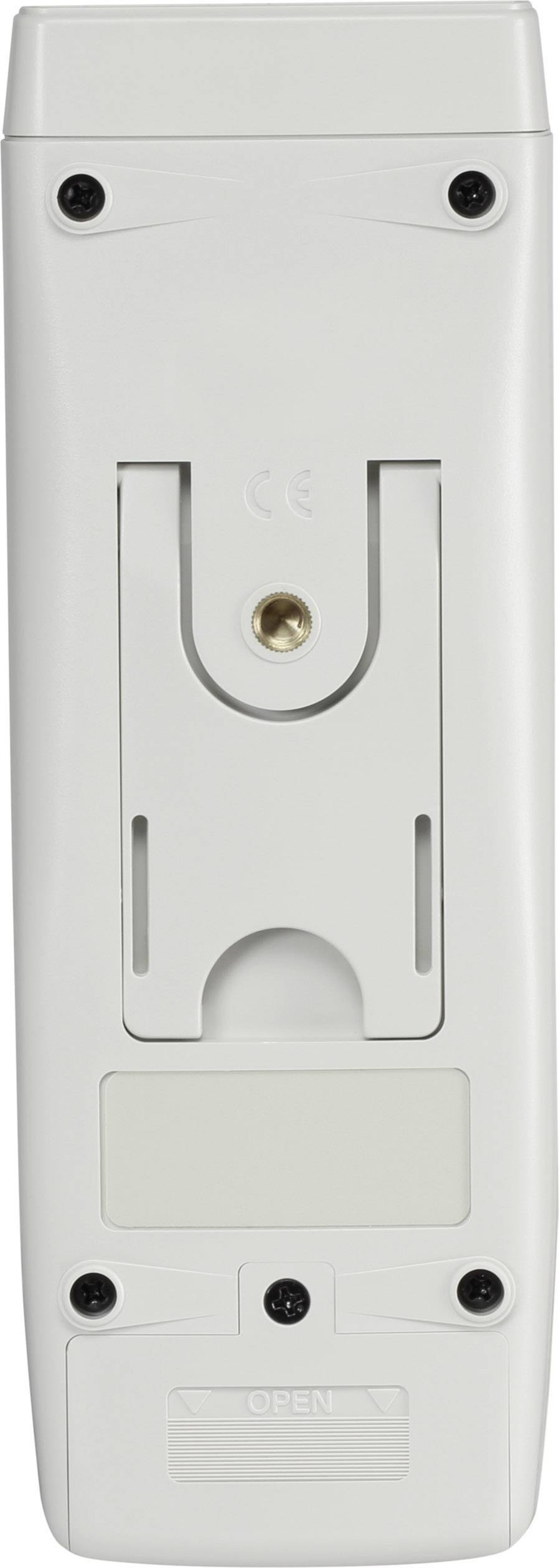 Die Rückseite einer Fernbedienung mit Batteriefachabdeckung, vier Schrauben und einem Platz für eine Wandhalterung oben.