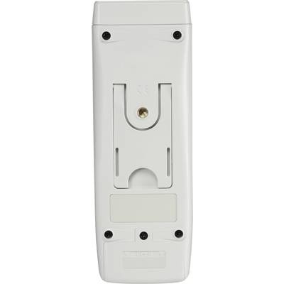 Die Rückseite einer Fernbedienung mit Batteriefachabdeckung, vier Schrauben und einem Platz für eine Wandhalterung oben.
