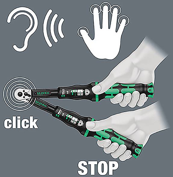 Zwei Hände, die Drehmomentschlüssel mit visuellen Indikatoren verwenden: ‚Klick' für Geräusch, eine Hand für Berührung und ‚STOP' für Kraft.