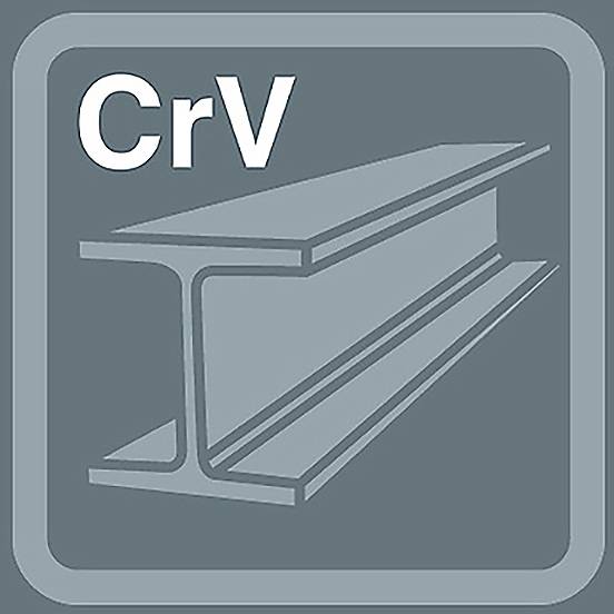 "CrV"-Symbol mit einem stilisierten I-Träger, der das Chrom-Vanadium-Material repräsentiert, das häufig in Werkzeugen und im Bauwesen verwendet wird.
