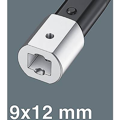 Ein silber- und schwarzes Werkzeuganbauteil, gekennzeichnet als '9x12 mm', mit einer quadratischen Öffnung und einem kleineren runden Loch, höchstwahrscheinlich für einen Schraubschlüssel oder Adapter.
