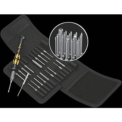 Eine schwarze Werkzeugtasche, geöffnet und einen Satz Präzisionsschraubendreher und Bits zeigend, mit einem Einsatz, der Nahaufnahmedetails verschiedener Metallbits darstellt.