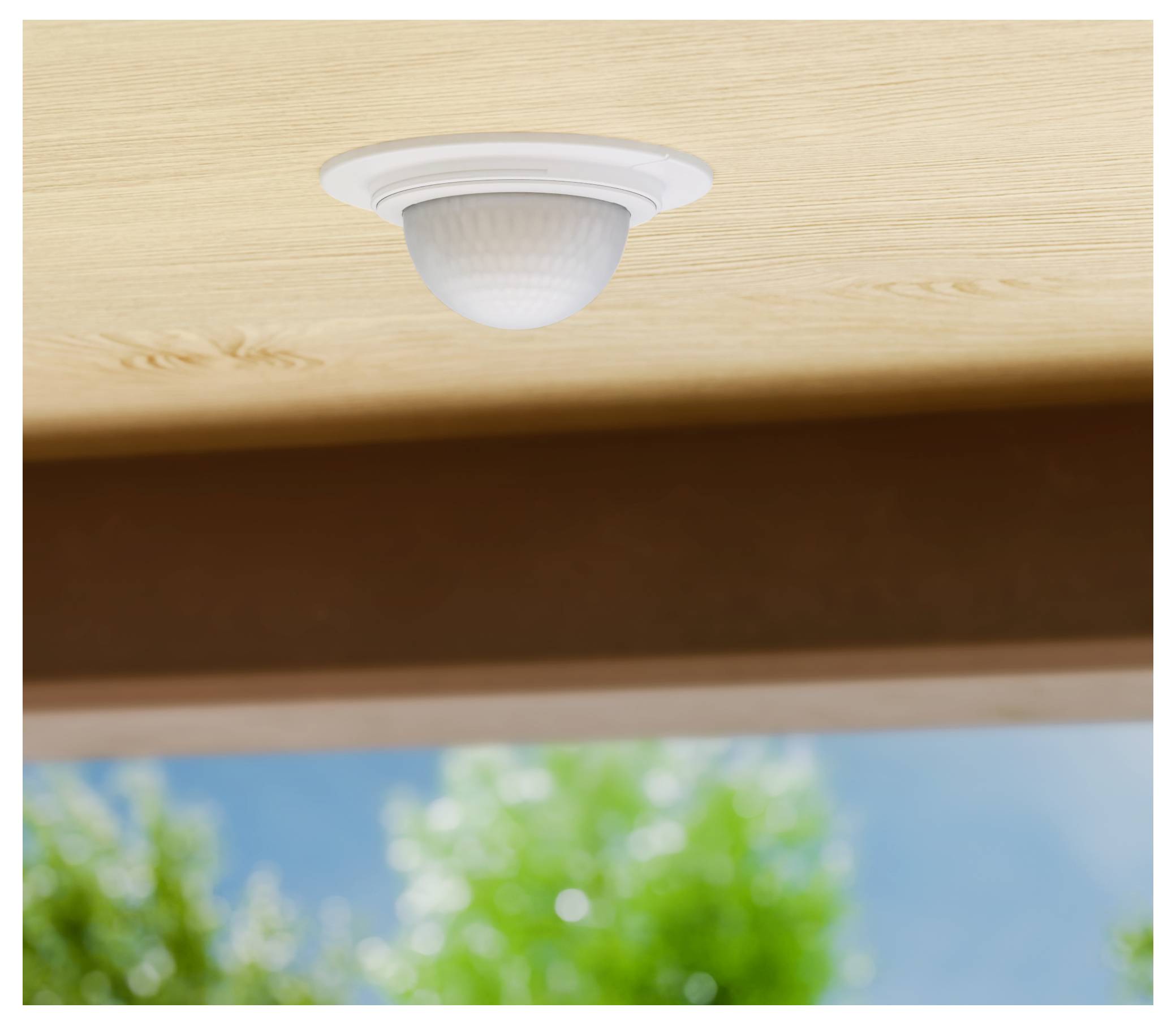 Weißer an der Decke montierter Bewegungsmelder auf einer holzverkleideten Decke, mit unscharfem Himmel und Bäumen, die darunter durch ein Fenster oder eine Öffnung sichtbar sind.