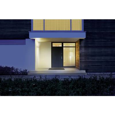 Eingangsbereich eines modernen Hauses bei Nacht, beleuchtet mit warmem Licht, zeigt eine Tür mit Glasfenster und umgebende Holzverkleidung.