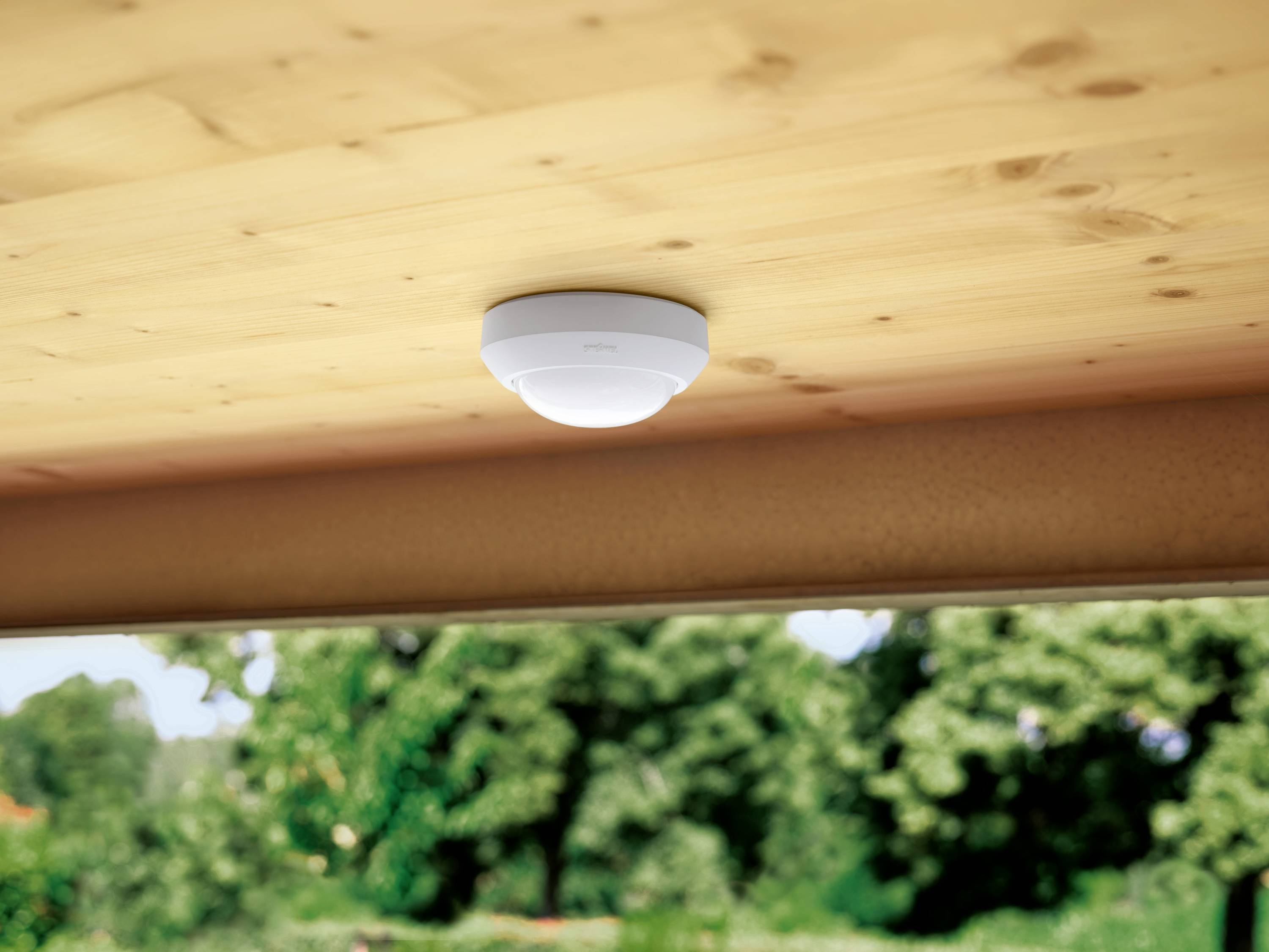 Ein Rauchmelder ist an einer Holzdecke montiert. Im Hintergrund sind verschwommene Bäume sichtbar. Der Rauchmelder sorgt für Sicherheit.