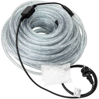 Ein aufgerollter LED-Lichtschlauch mit transparentem Kabel und Stecker, geeignet für dekorative Beleuchtung im Innen- und Außenbereich.