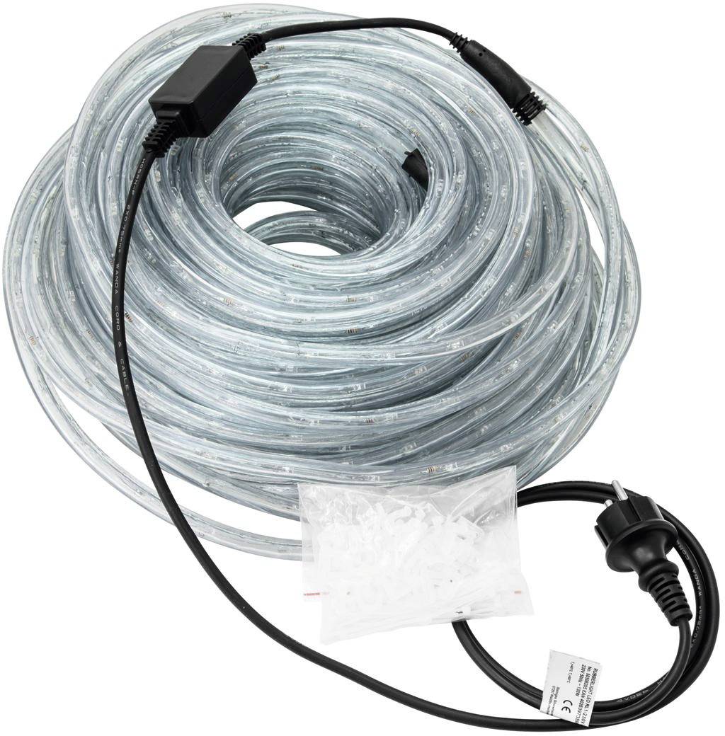 Lichtschlauch mit Netzstecker und Steuergerät. Transparente Schläuche umwickelt. Kabelschalter und Befestigungsmaterial enthalten.