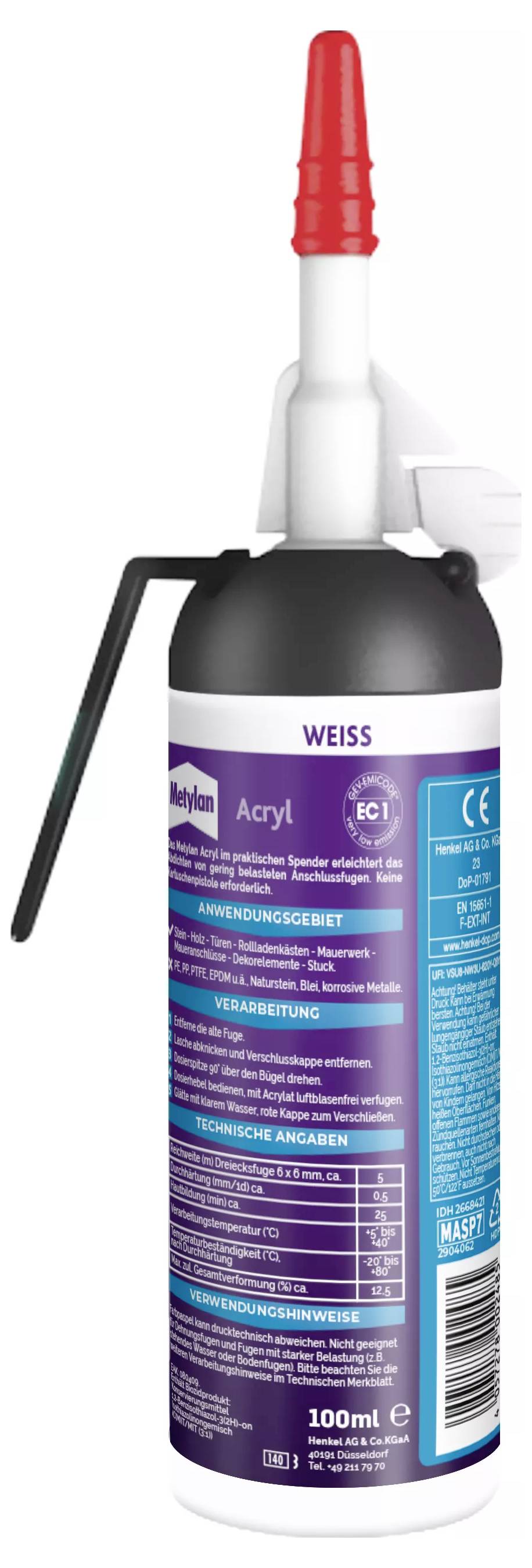 Tube Acryl-Dichtstoff, 100 ml, Farbe Weiß, mit roter Kappe und Auftragehilfe. Enthält technische Daten und Anwendungsbereich.