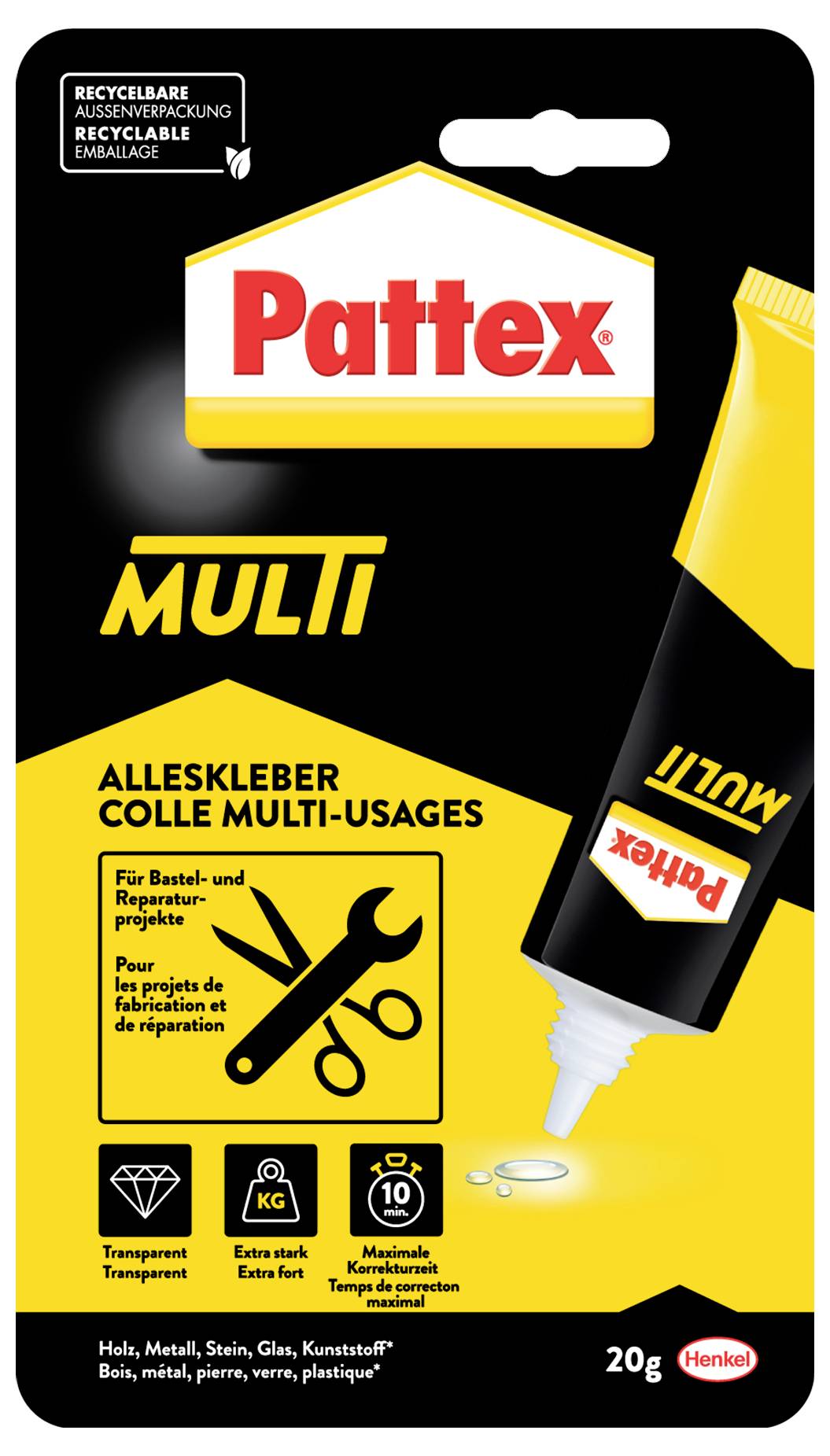 Packung von Pattex Multi Universalkleber. Eigenschaften umfassen starke Haftung, Eignung für verschiedene Materialien und eine Aushärtungszeit von 10 Sekunden.