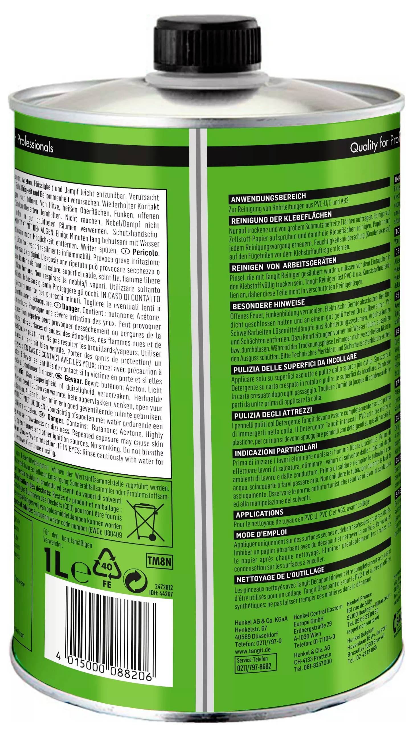 Grüne Metalldose mit schwarzem Deckel, enthalten Text in verschiedenen Sprachen mit Anweisungen zur Oberflächenreinigung und Produktdetails.