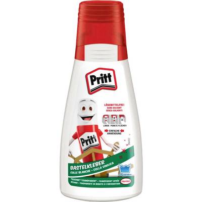 Eine Flasche Pritt Weißleim mit rotem Deckel, auf der ein lächelnder Comiccharakter abgebildet ist und mehrsprachige Etiketten den Klebstoff als lösungsmittelfrei kennzeichnen.