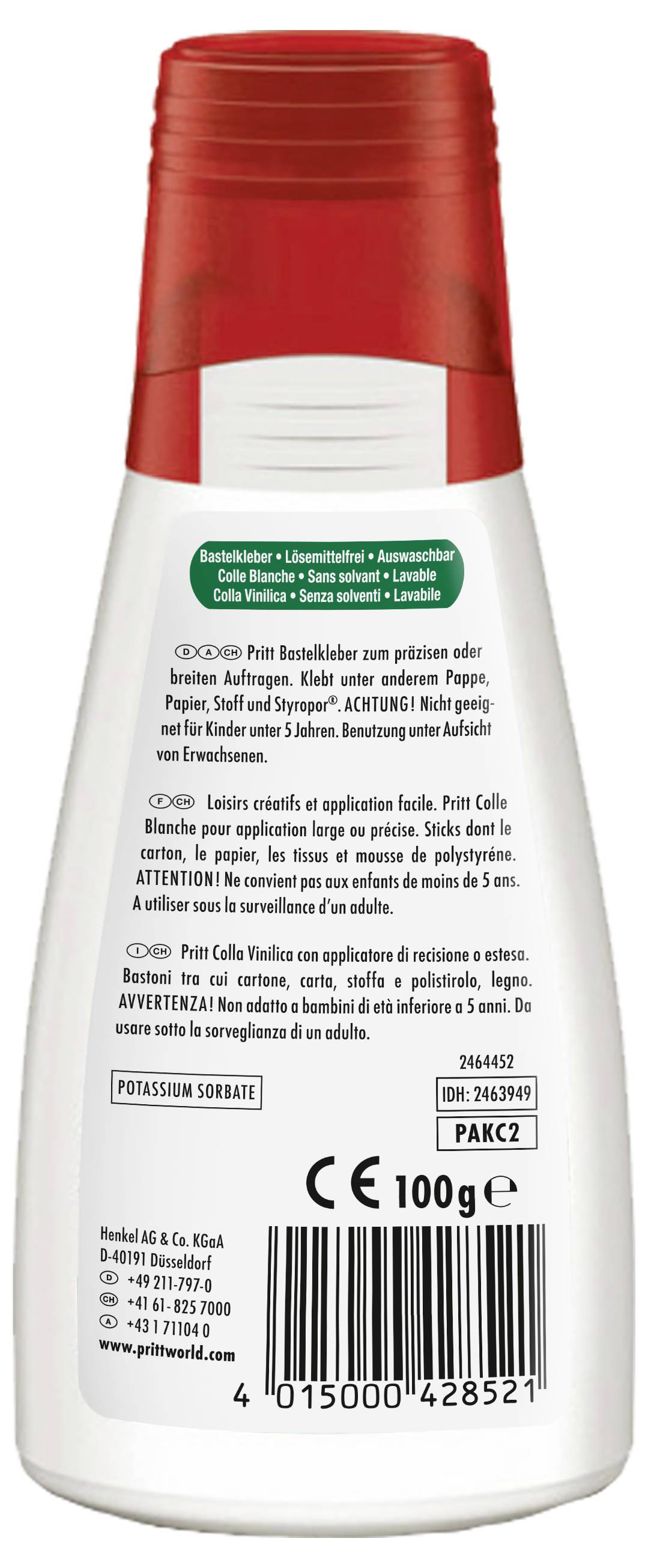 Eine Flasche mit rotem Deckel und weißem Körper. Das Etikett enthält Anweisungen auf Deutsch, Französisch und Englisch, mit Hinweisen zur Verwendung und zu Inhaltsstoffen.