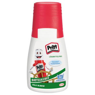 Eine Flasche Pritt Bastelkleber mit einer lächelnden Cartoon-Figur auf dem Etikett, die die Eigenschaften ‚lösungsmittelfrei' und ‚transparent trocknend' hervorhebt.