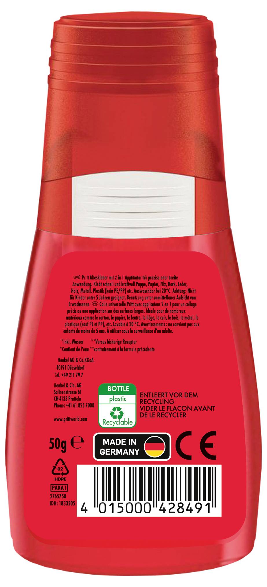 Eine rote Plastikflasche, die das Rückenetikett eines Kosmetikprodukts mit Text in mehreren Sprachen, einem Recycling-Symbol und einem Barcode zeigt.