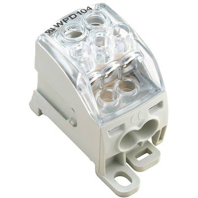 Ein transparenter elektrischer Verteilerblock mit mehreren Anschlussstellen und Beschriftung 'RM-WPD104' oben.