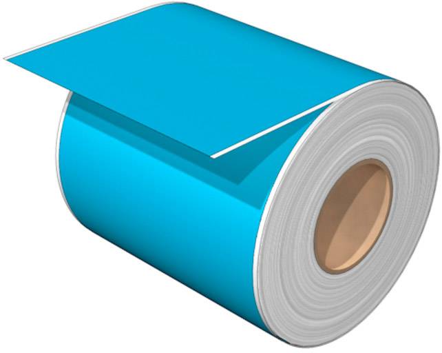 Eine blau gefärbte Rolle Papier mit sichtbarem Pappkern. Die Rolle ist teilweise abgerollt.