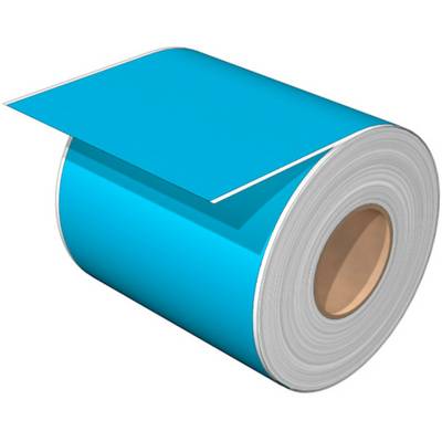 Eine blau gefärbte Rolle Papier mit sichtbarem Pappkern. Die Rolle ist teilweise abgerollt.