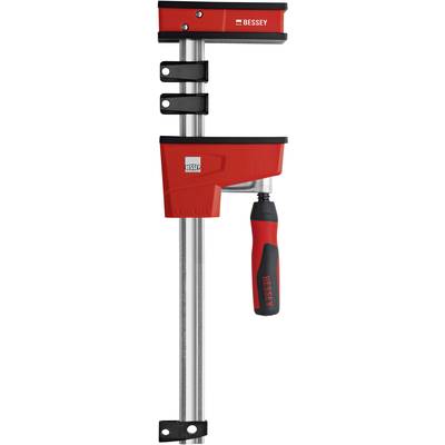 Rote Schraubzwinge der Marke Bessey mit schwarzem Griff, seitlicher Ansicht.