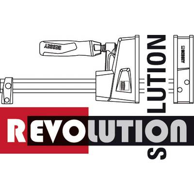 'REVOLUTION' ist groß geschrieben, mit einem roten 'REV' auf weißem Hintergrund. Ein Schraubstockwerkzeug ist horizontal abgebildet.