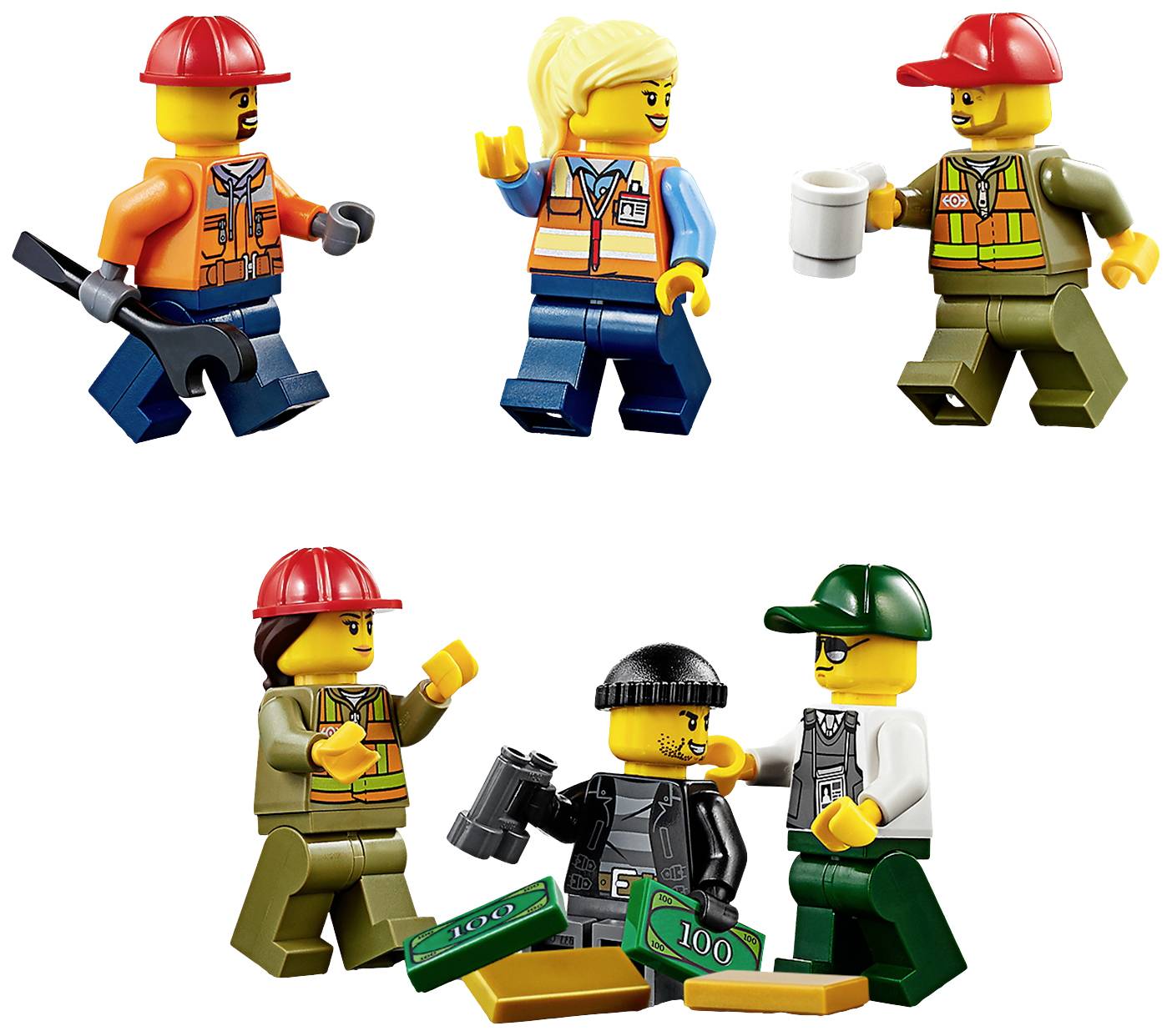 Fünf Spielzeugfiguren in Bauarbeiterkleidung interagieren; drei stehen, zwei geben Geldscheine an eine andere Figur mit schwarzem Hut.