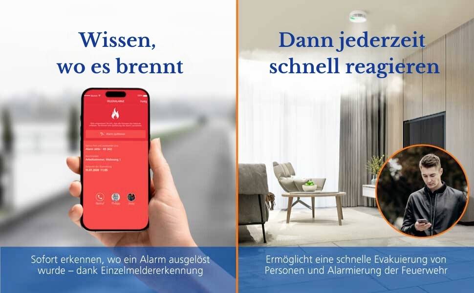 'Wissen, wo es brennt. Dann jederzeit schnell reagieren.' Das Bild zeigt eine Smartphone-App, die ein Feuer erkennt, und einen Mann, der mit seinem Telefon darauf reagiert.