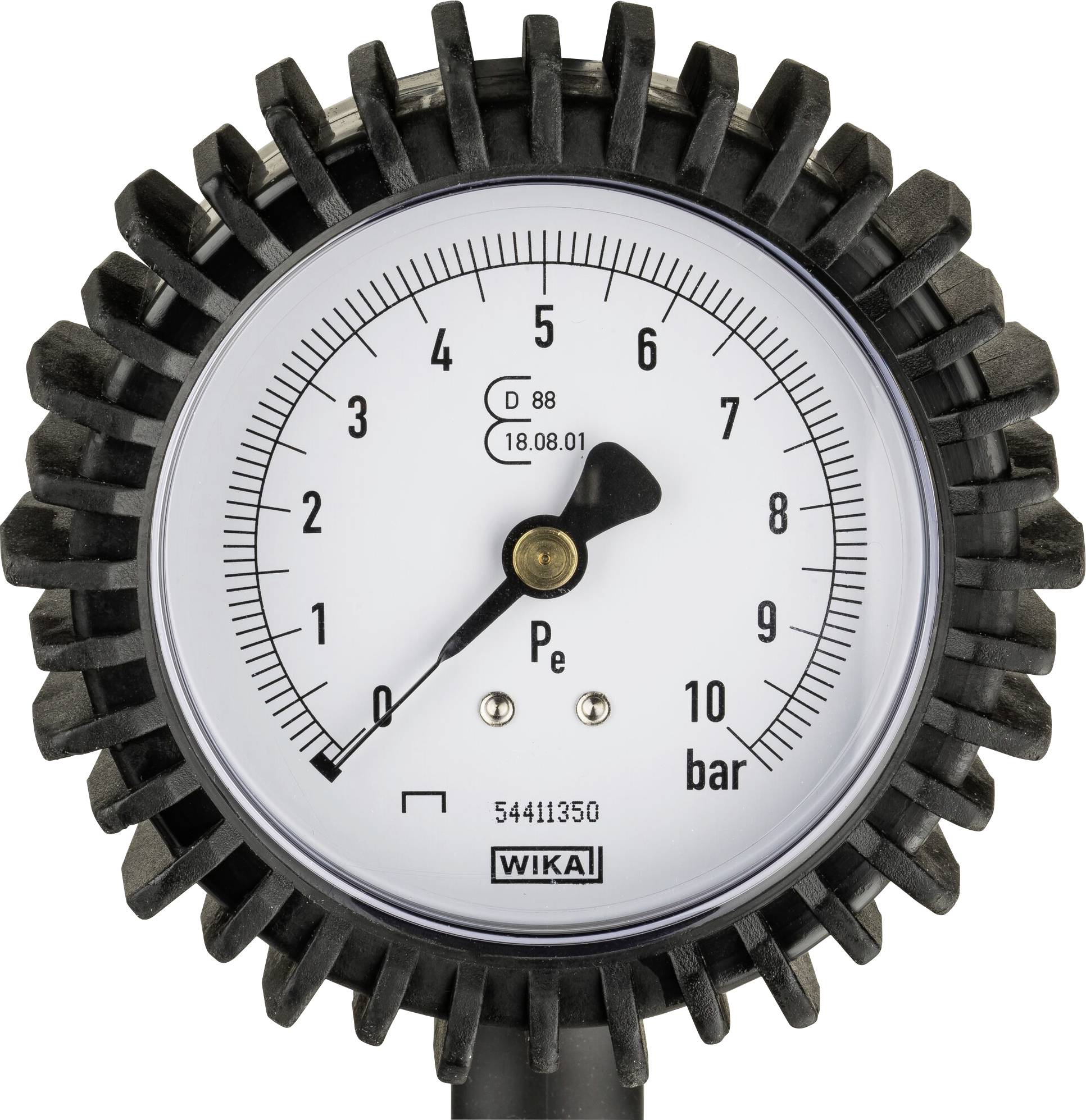 Manometer zeigt Druckmessung in Bar. Nadel steht auf 8 Bar. Schwarzes Gehäuse, weiße Skala, wichtig für Drucküberwachung.