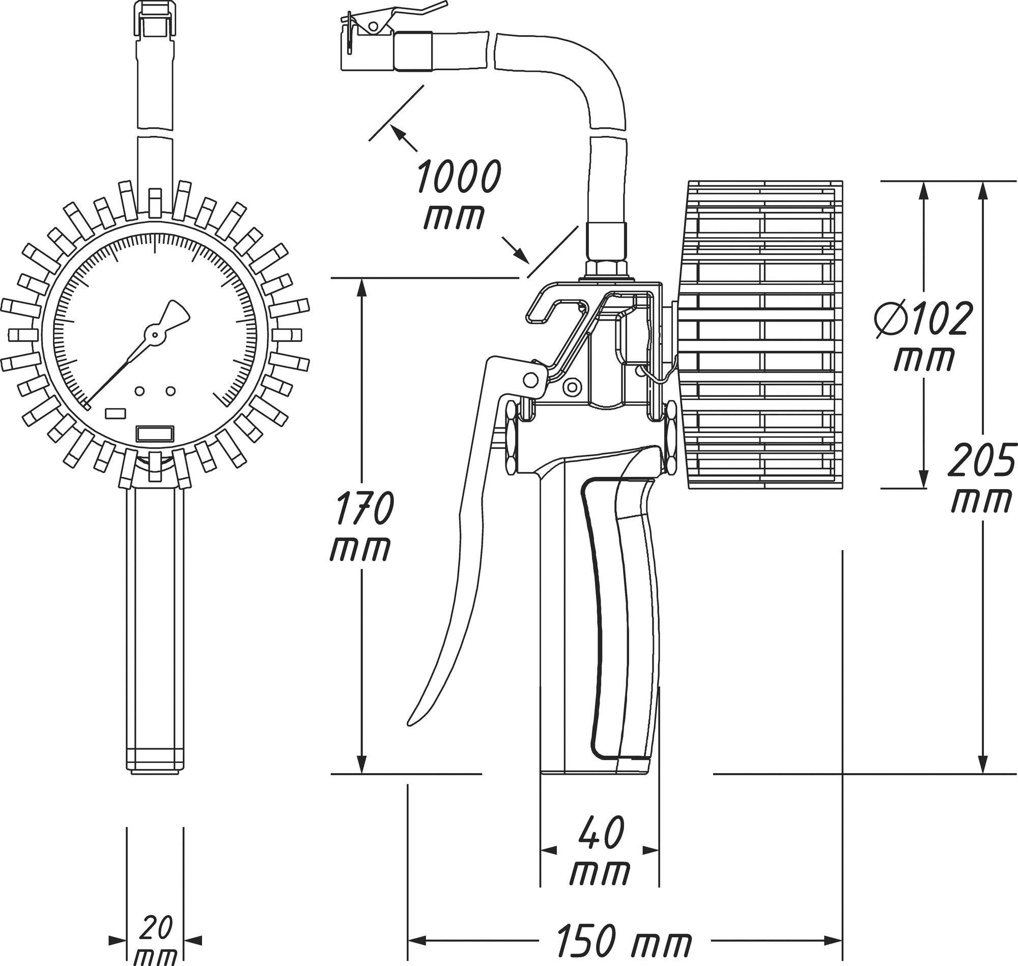 Technische Zeichnung eines Druckluftwerkzeugs mit Maßen: 150 mm Länge, 170 mm Höhe, 40 mm Breite; Schlauch 1000 mm.