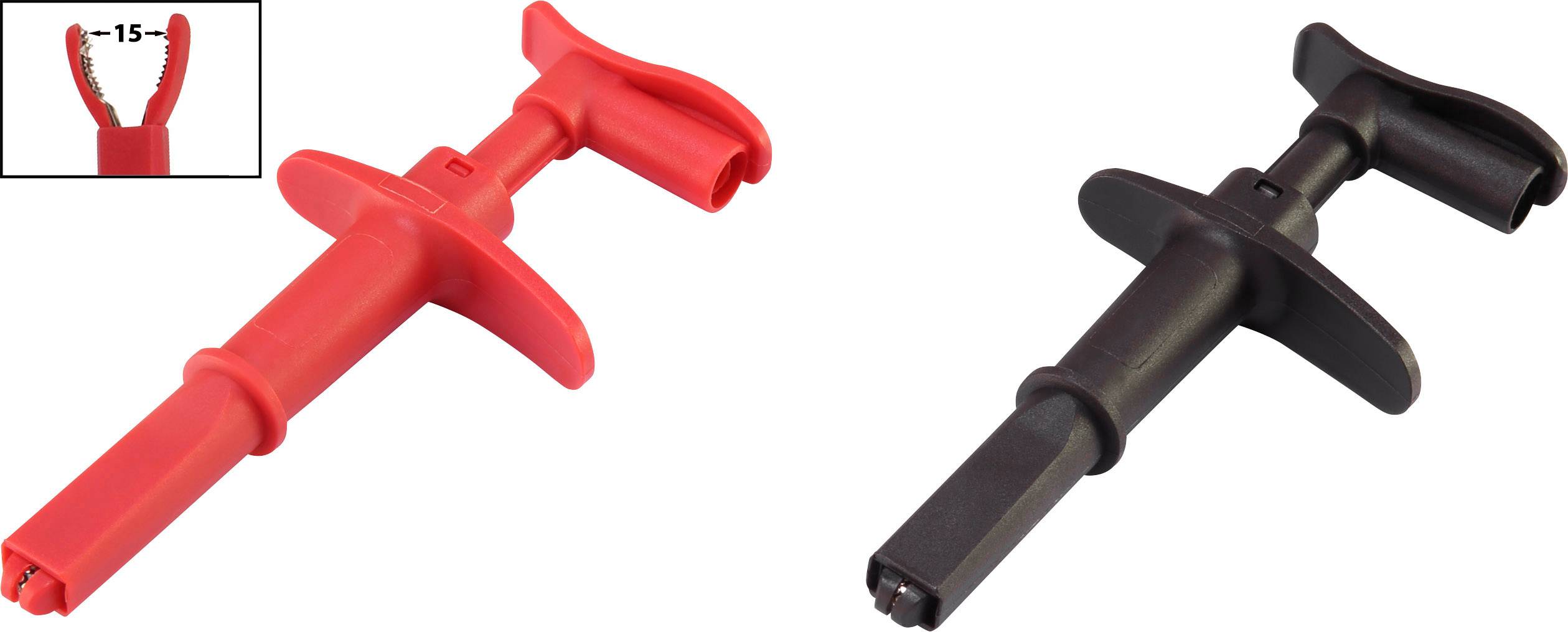 Zwei Kunststoff-Kabelbinder-Spannwerkzeuge, eines rot und eines schwarz, auf weißem Hintergrund gezeigt mit einer eingefügten Nahaufnahme der Spitze des roten Werkzeugs.
