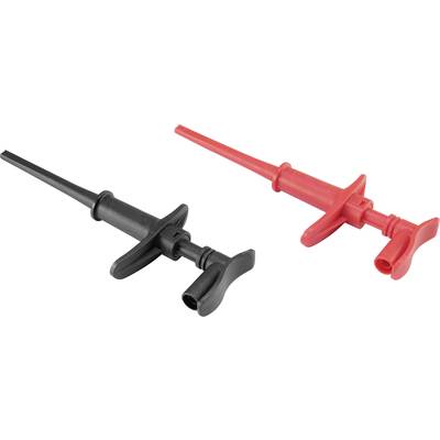 Zwei Krokodilklemmen: eine schwarze, eine rote, zur elektrischen Verbindung.