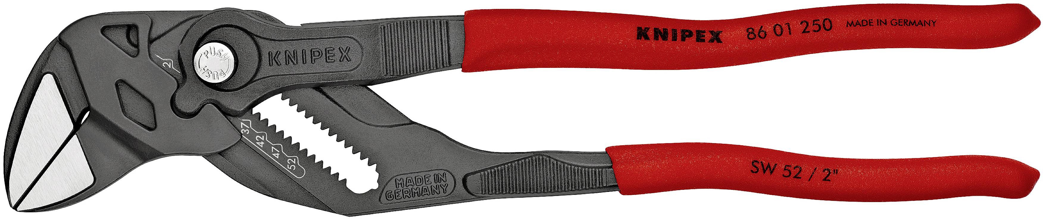 Eine rote Zangenschlüssel mit einem schwarzen Greifkopf der Marke KNIPEX. Geeignet zum Halten, Greifen und Drehen von Objekten.