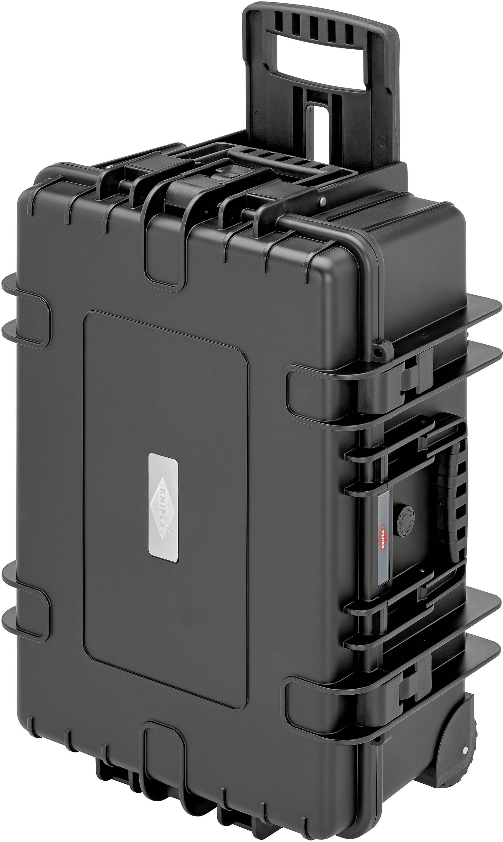 Schwarzer, robuster Transportkoffer mit Griffen und Rollen, geeignet für sicheren Transport von Ausrüstung oder empfindlichen Gegenständen.