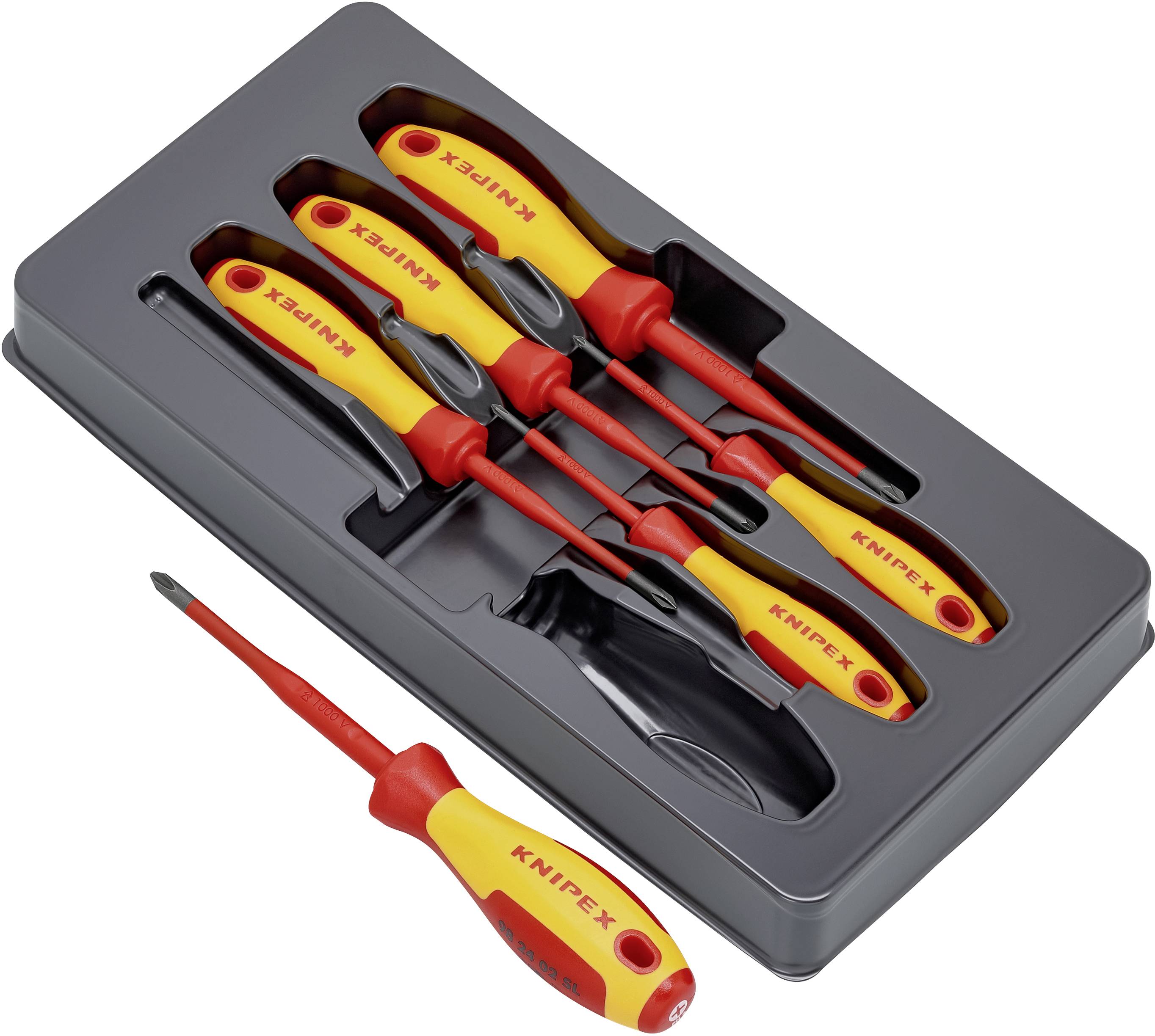 Ein Set von fünf Knipex-Schraubendrehern in einer schwarzen Halterung, mit ergonomischen Griffen in Rot und Gelb.