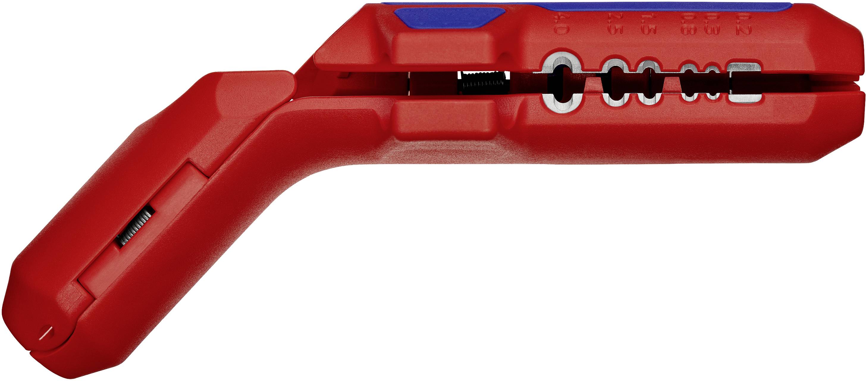 Rotes Abisolierwerkzeug mit blauen Akzenten zum präzisen Schneiden und Abisolieren von Kabeln unterschiedlicher Größe.